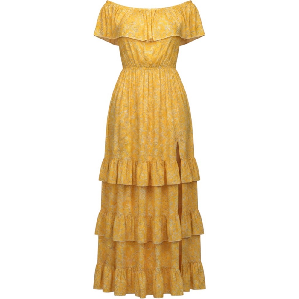 Yellow Floral Off The Shoulder Ruffle Tiered Maxi Dress Western Cowgirl SMALL